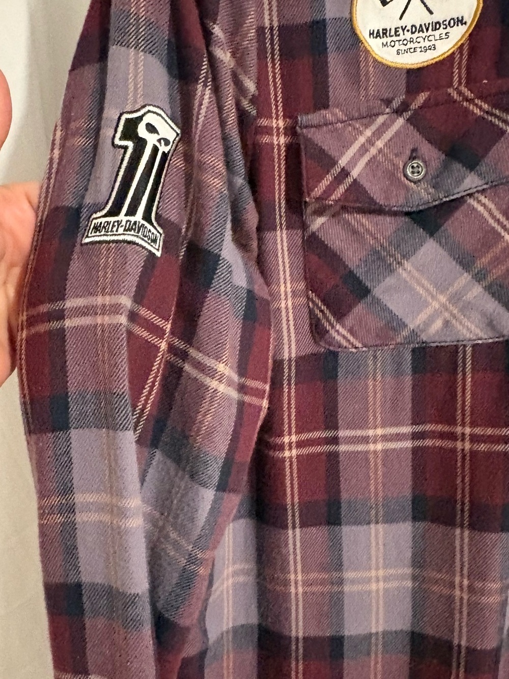 Harley-Davidson Burgundy, Purple and Gray Plaid Hoodie Shirt - Picture 3 of 8